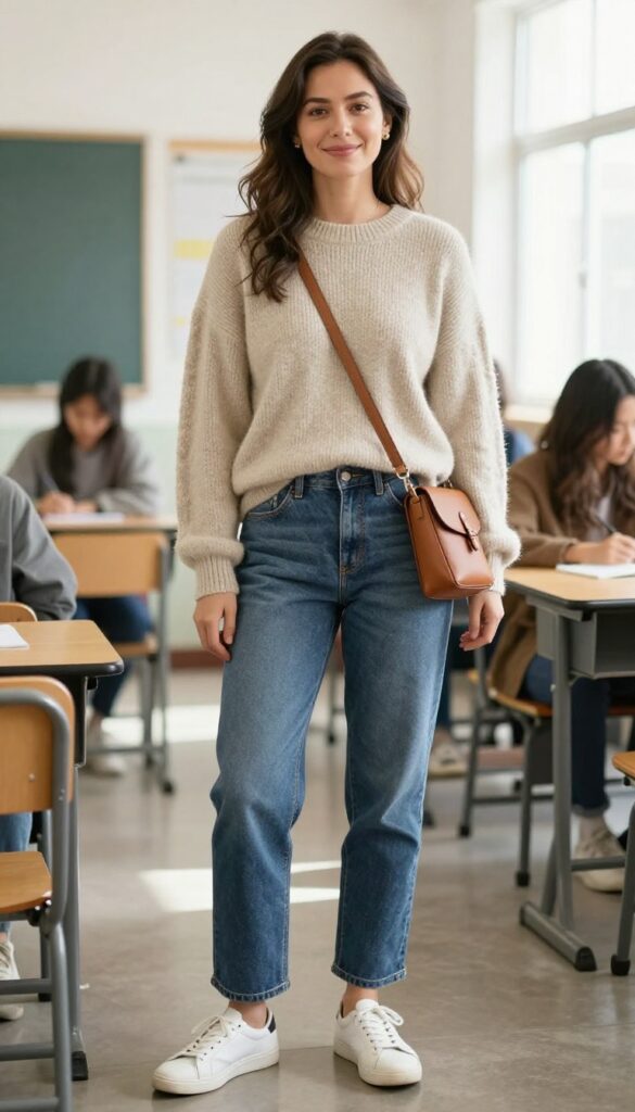 1. Soft Knit Sweater with Straight-Leg Jeans and White Sneakers