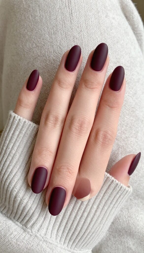 Short almond nails with matte black cherry polish