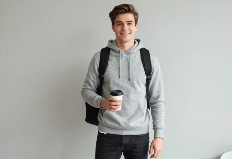 College man in casual outfit with hoodie, jeans, and sneakers in a hallway