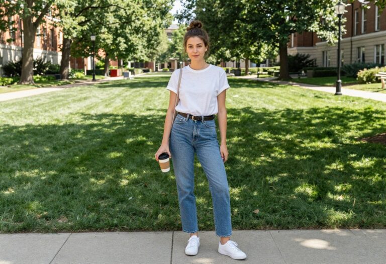Young woman in casual college outfit with jeans, graphic tee, and sneakers on campus
