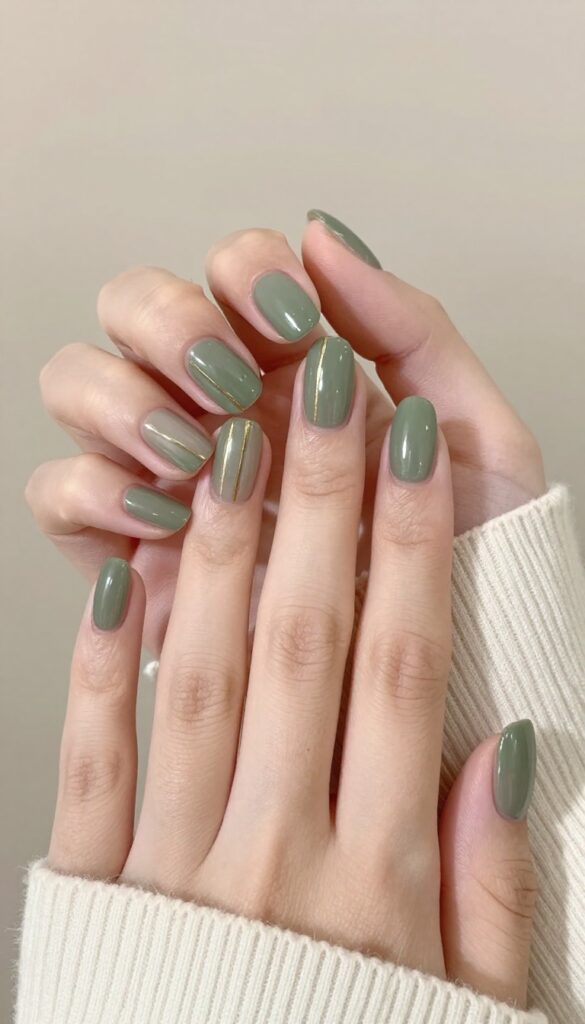Short olive green nails with gold accent line on a woman's hands