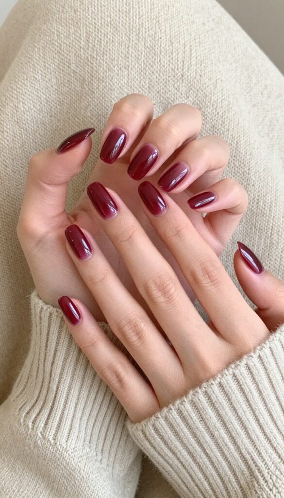 Cranberry glass nails with glossy translucent finish on almond-shaped nails