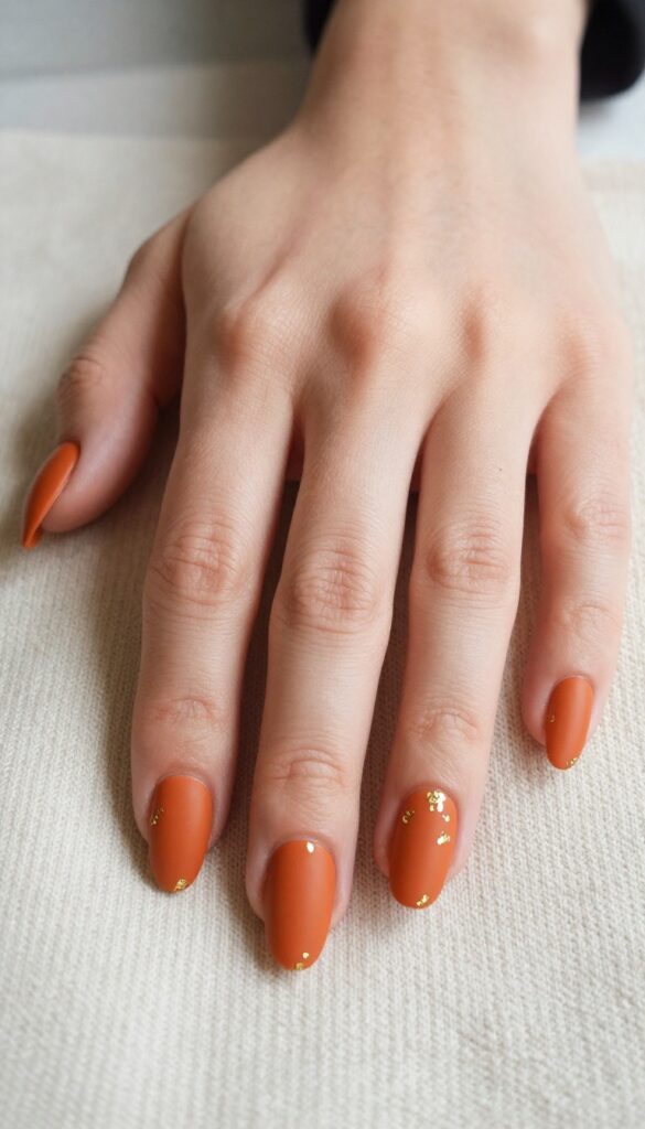 Burnt orange matte coffin nails with gold foil accents on a cream knit background
