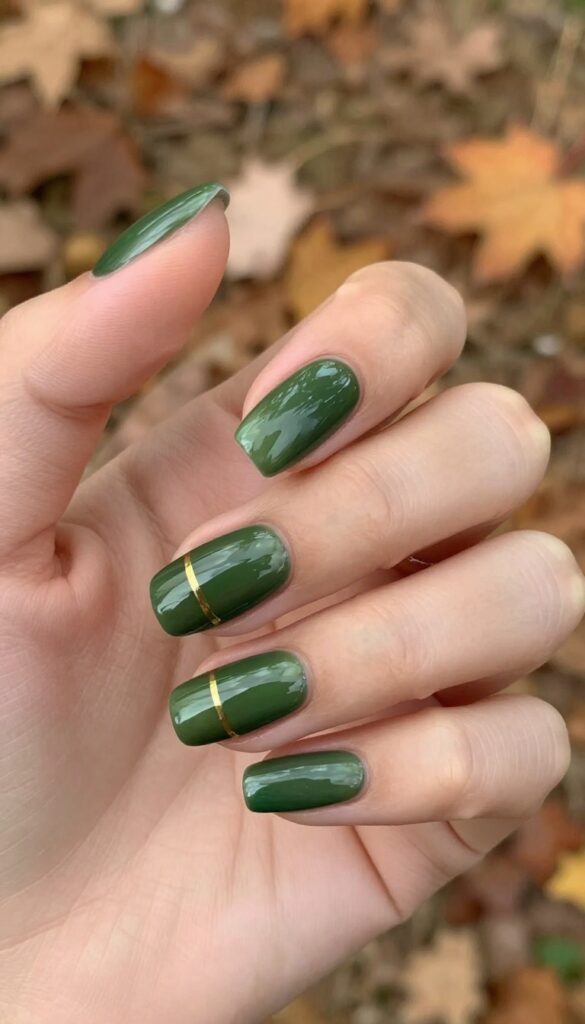 Mossy green chrome nails with gold stripe accent on almond-shaped nails