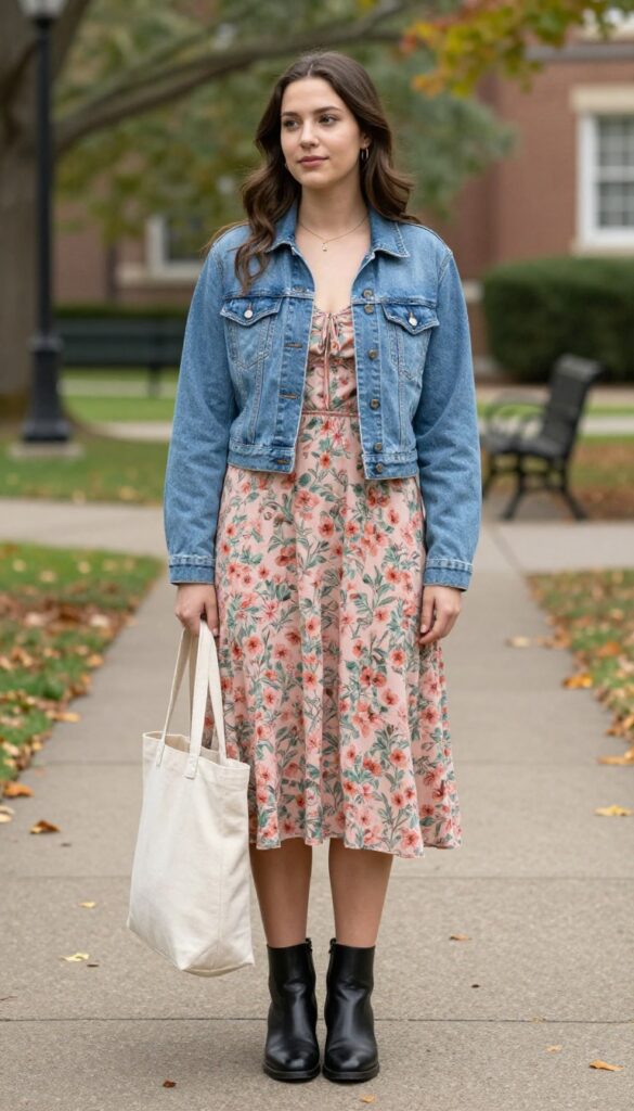 5. Midi Dress + Denim Jacket + Ankle Boots