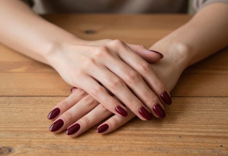 Deep glossy burgundy almond nails on a woman's hands in autumn setting
