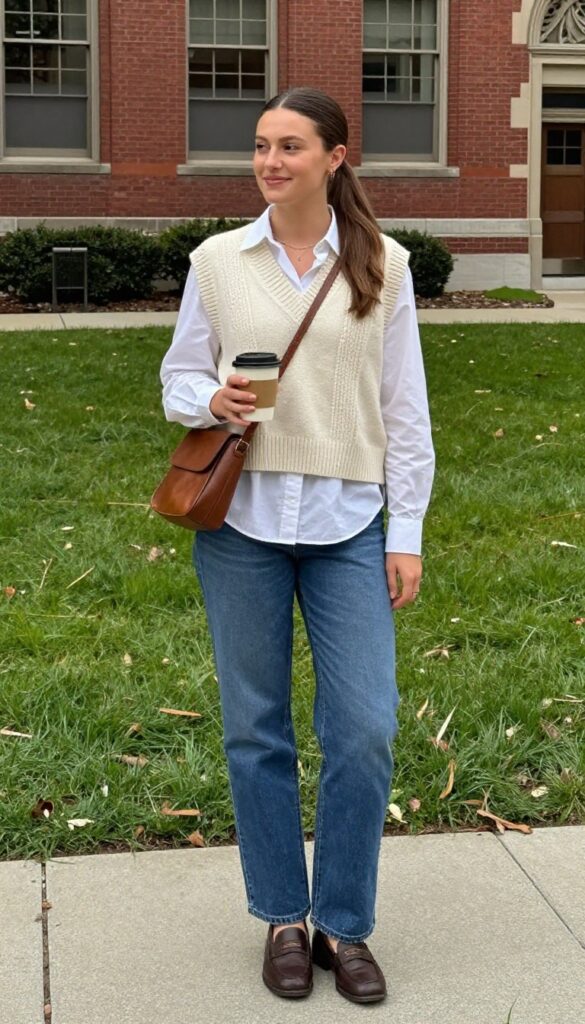 6. Sweater Vest + Button-Down + Straight-Leg Jeans + Loafers