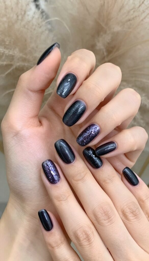 Glittering plum smoke nail design with almond shape and micro-glitter