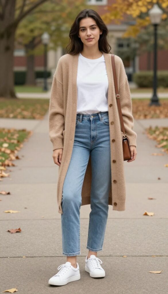 13. Long Cardigan with Straight-Leg Jeans and a White Tee
