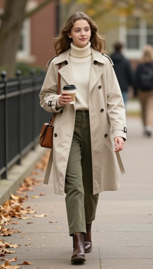 14. Trench Coat + Turtleneck + Straight-Leg Pants