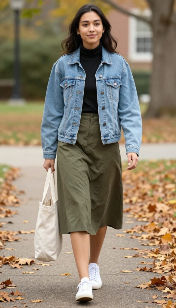 5. The Denim Jacket and Midi Skirt Duo