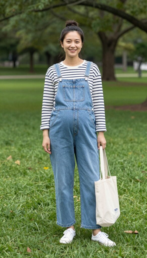 9. Maternity Overalls with a Striped Long-Sleeve Tee