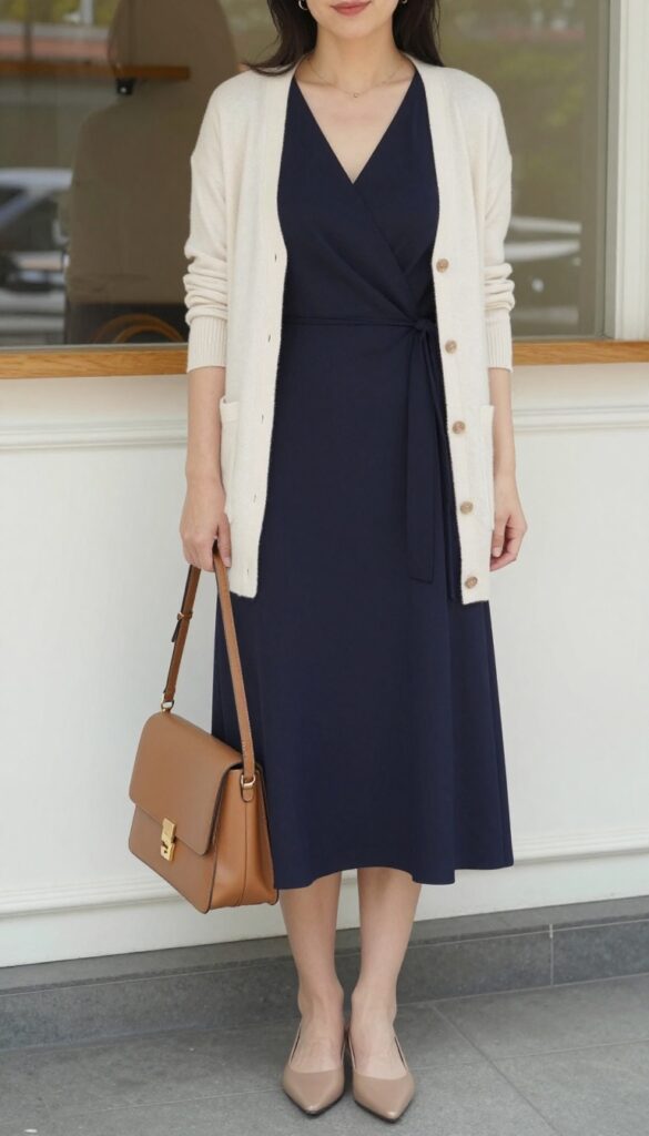 2. Wrap Dress with a Lightweight Cardigan
