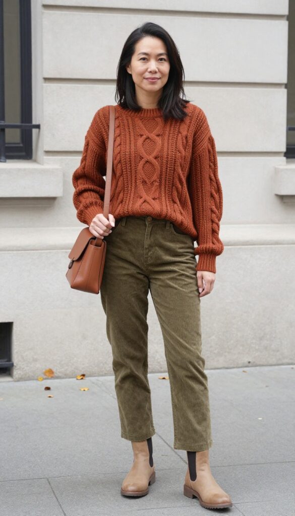 9. Cable-Knit Sweater + Corduroy Pants + Chelsea Boots