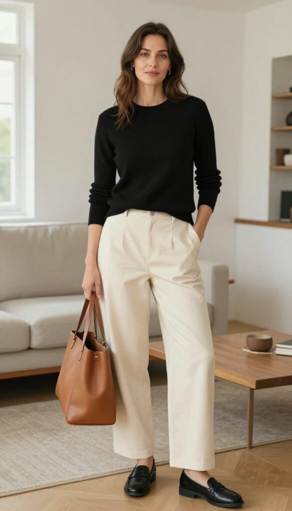 3. Wide-Leg Trousers + Fitted Knit + Loafers