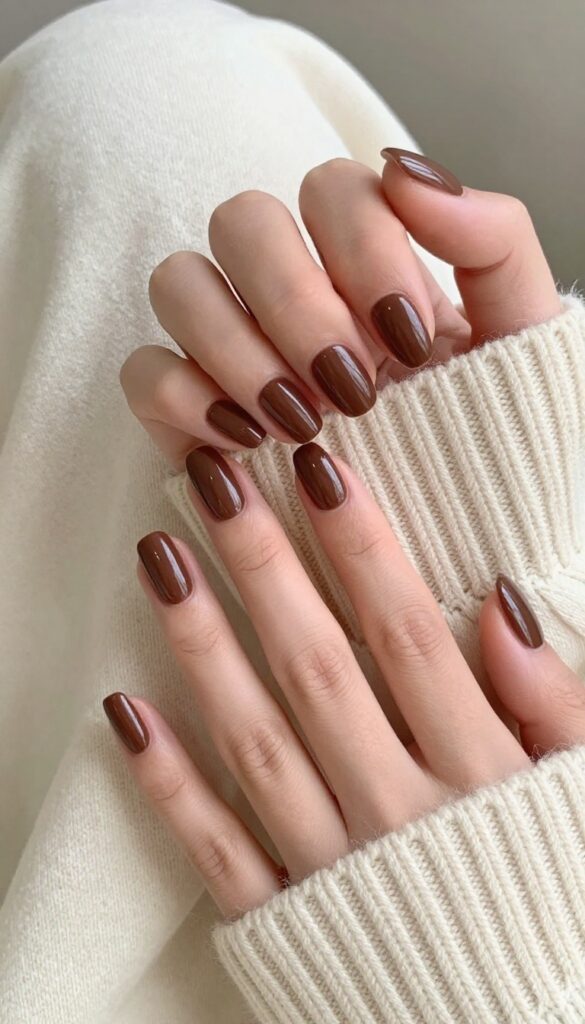 Chocolate brown glossy almond nails on a cream sweater, fall manicure