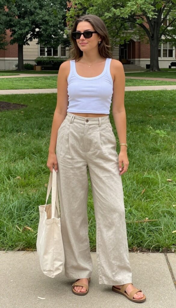 3. High-Waisted Trousers with a Cropped Tank