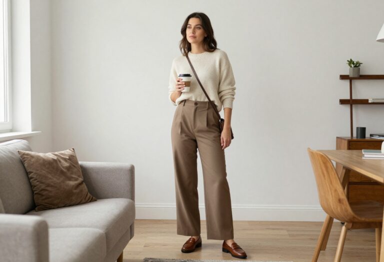 Woman in cream sweater and taupe wide-leg trousers with loafers, dressy casual weekend outfit