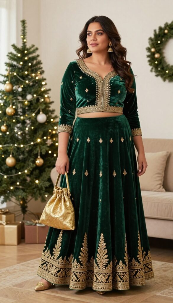 1. Velvet Lehenga in Emerald Green with Gold Embroidery