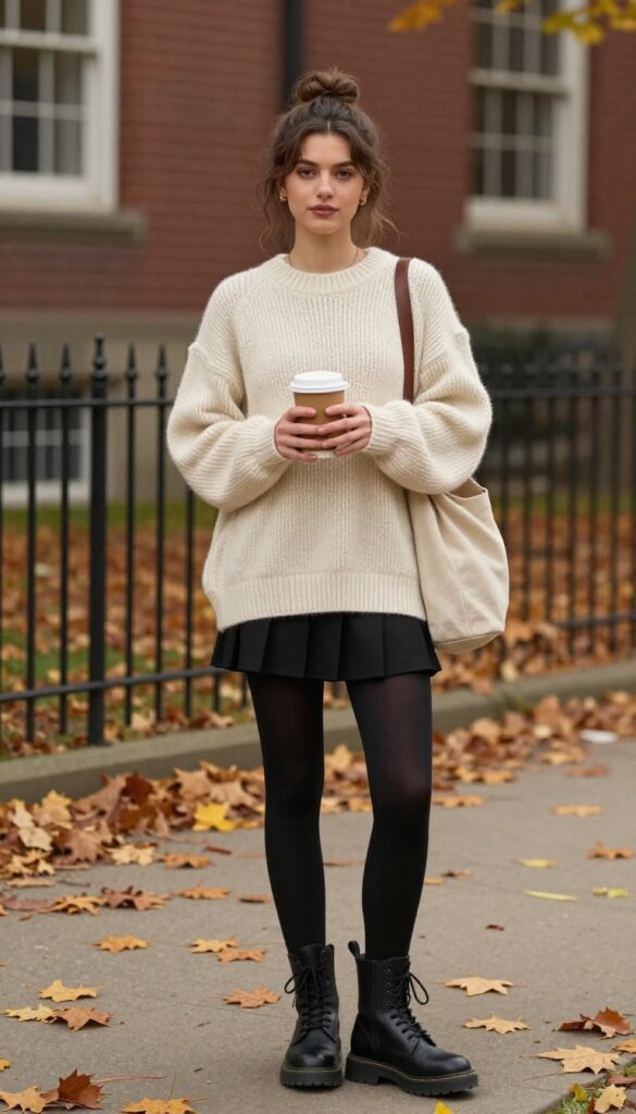 1. Oversized Sweater and Mini Skirt with Tights
