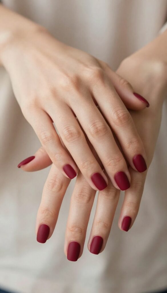 Matte merlot red nails on short almond shape, cozy fall manicure