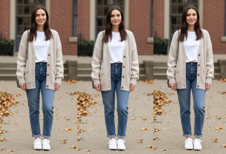 Woman in cardigan, jeans, and sneakers on college campus
