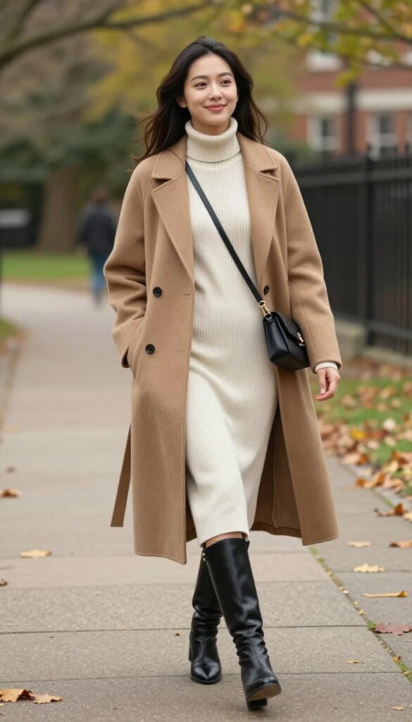 10. Long Coat with Knit Dress and Knee-High Boots