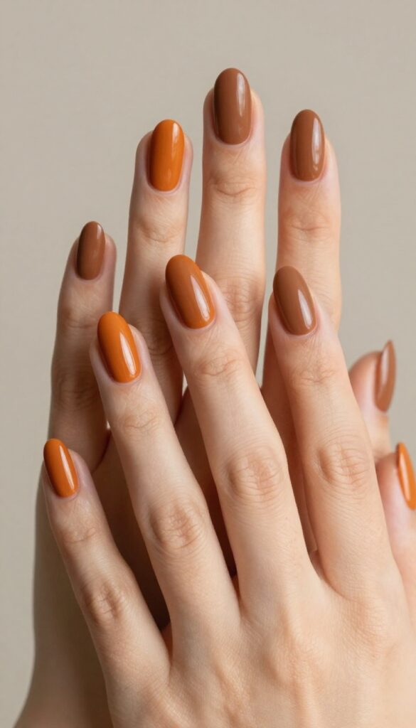 Brown matte nails with glossy orange tips, almond shape, fall manicure
