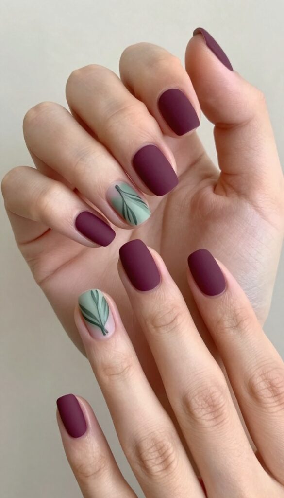Plum matte nails with sage green leaf accents, autumn floral nail art