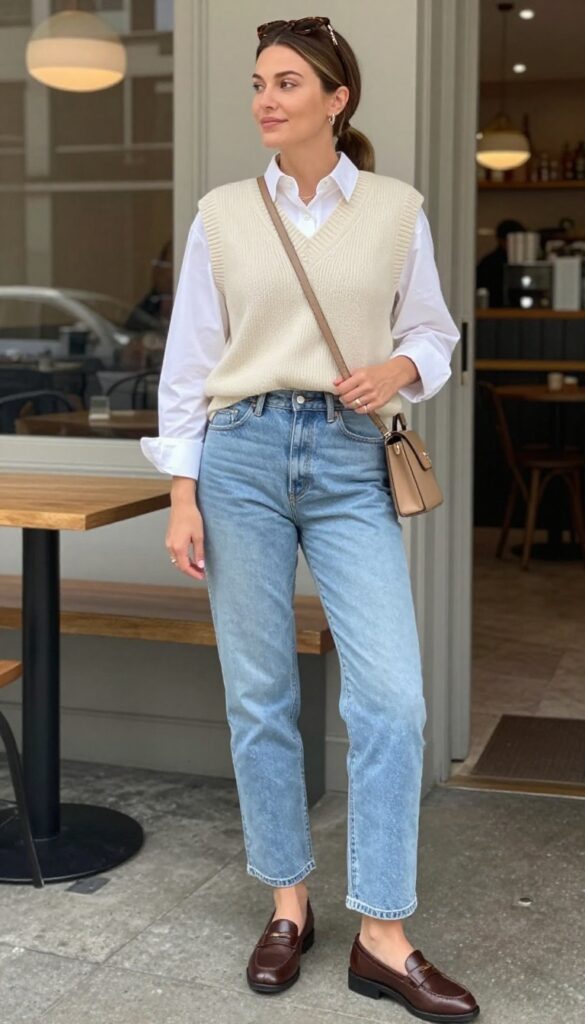 13. Sweater Vest + White Button-Down + Straight-Leg Jeans