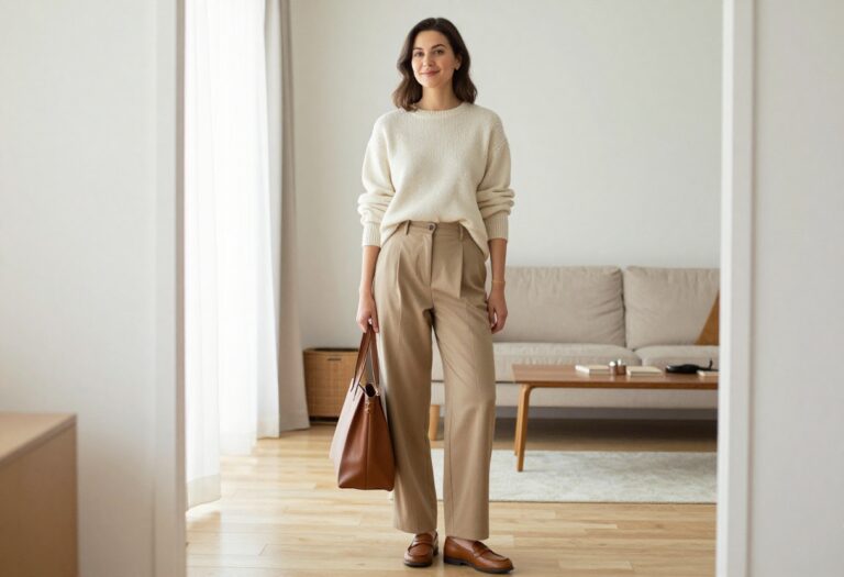 Woman in cream knit sweater and wide-leg trousers, casual elegant outfit