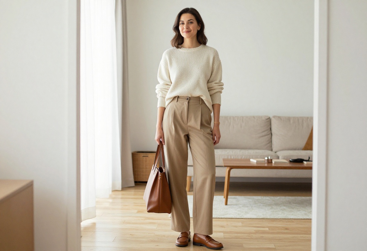 Woman in cream knit sweater and wide-leg trousers, casual elegant outfit