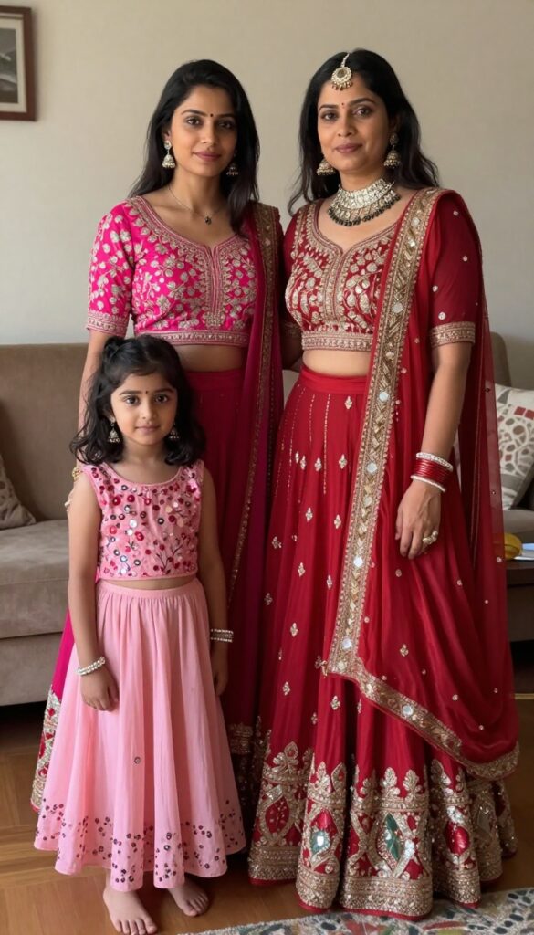 5. Red and Pink Bandhani Lehengas with Contrast Blouses