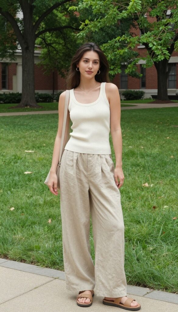 12. Knit Tank Top + Linen Wide-Leg Pants + Slide Sandals