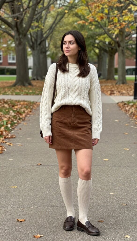 10. Cable-Knit Sweater + Corduroy Skirt + Loafers