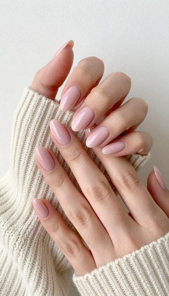 Sheer rose quartz almond nails with glossy finish