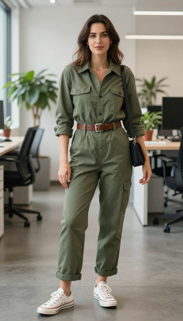 7. Utility Jumpsuit + Belt + Canvas Sneakers
