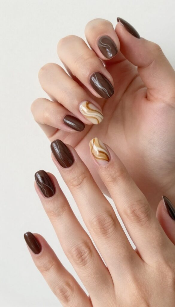 Chocolate swirl nail art with dark chocolate base and creamy beige swirls on almond-shaped nails