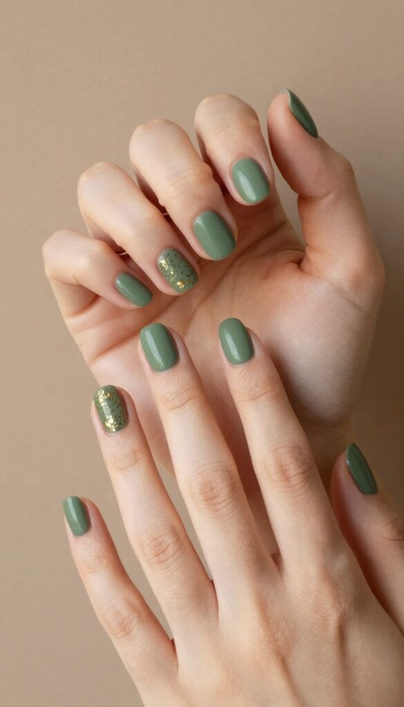 Short matte olive nails with gold speckles on accent nails