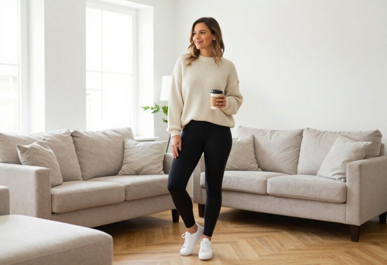 Woman in black leggings and cream sweater holding coffee