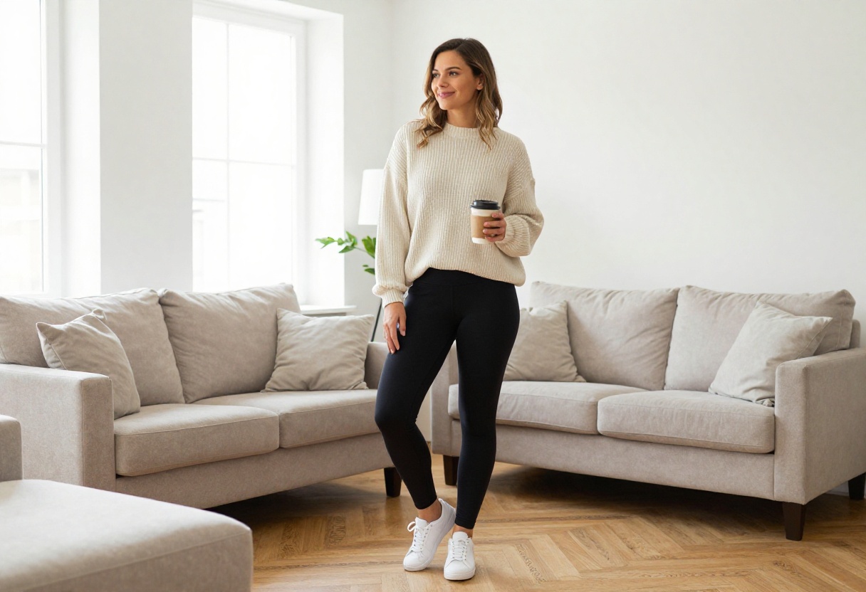 Woman in black leggings and cream sweater holding coffee