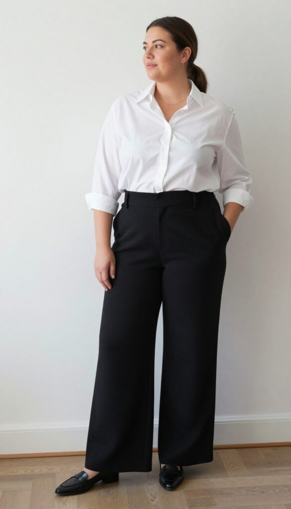 3. Wide-Leg Trousers and a Button-Down Shirt