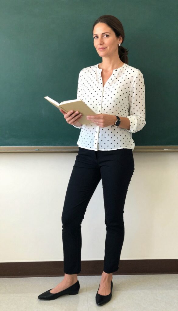 13. Patterned Blouse + Black Pants + Pointed Flats