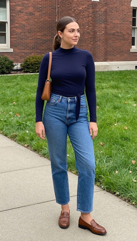 7. Wrap Top with Straight-Leg Jeans