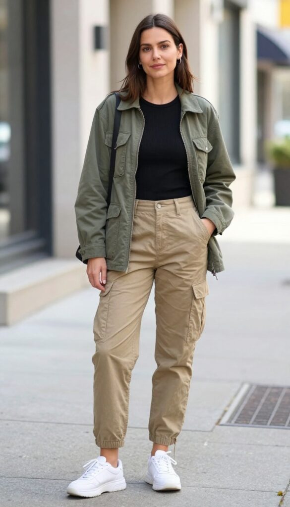 9. Utility Jacket + Ribbed Tank + Cargo Pants