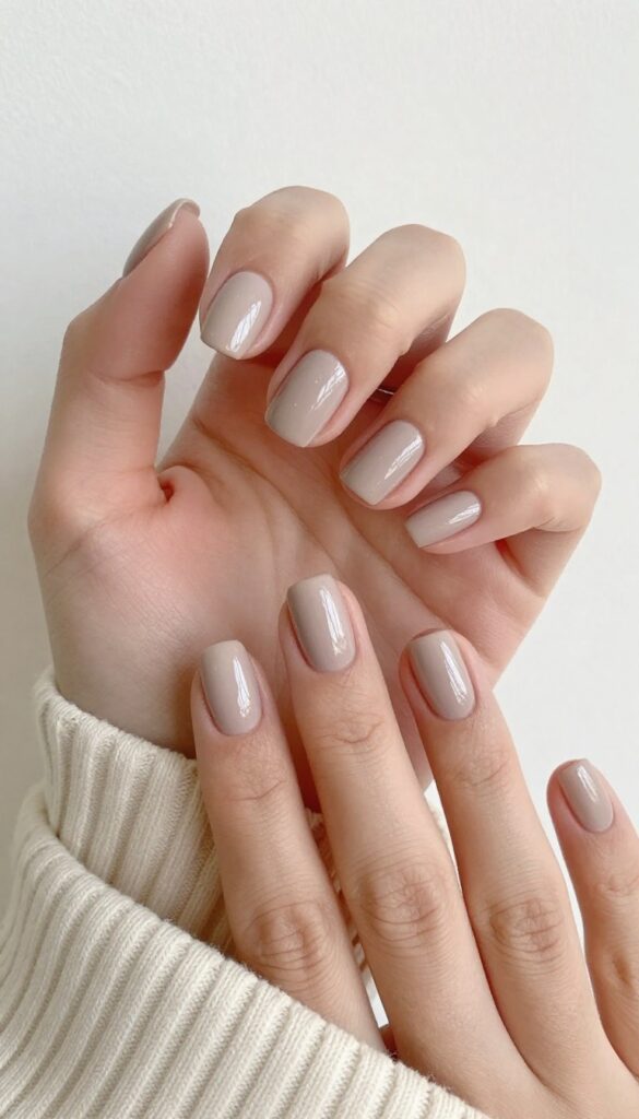 Short square-oval nails in mushroom taupe with glossy finish