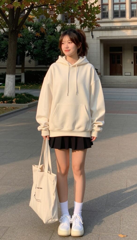 3. Cozy Hoodie and Pleated Skirt