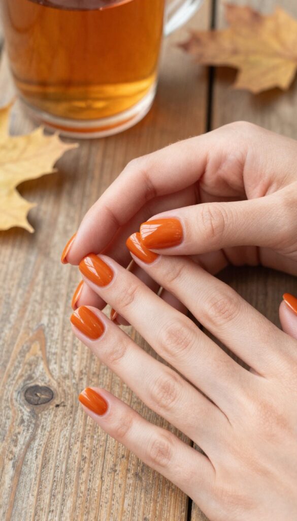 Glossy burnt orange square medium nails with high-shine finish, resting on a rustic table with autumn decor.