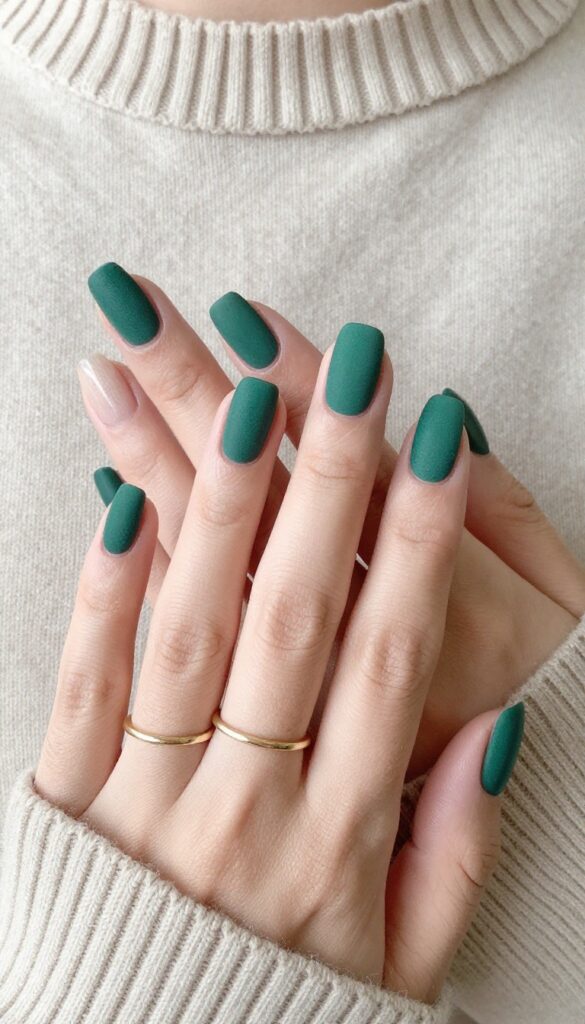 Matte emerald green nails with coffin shape and gold ring