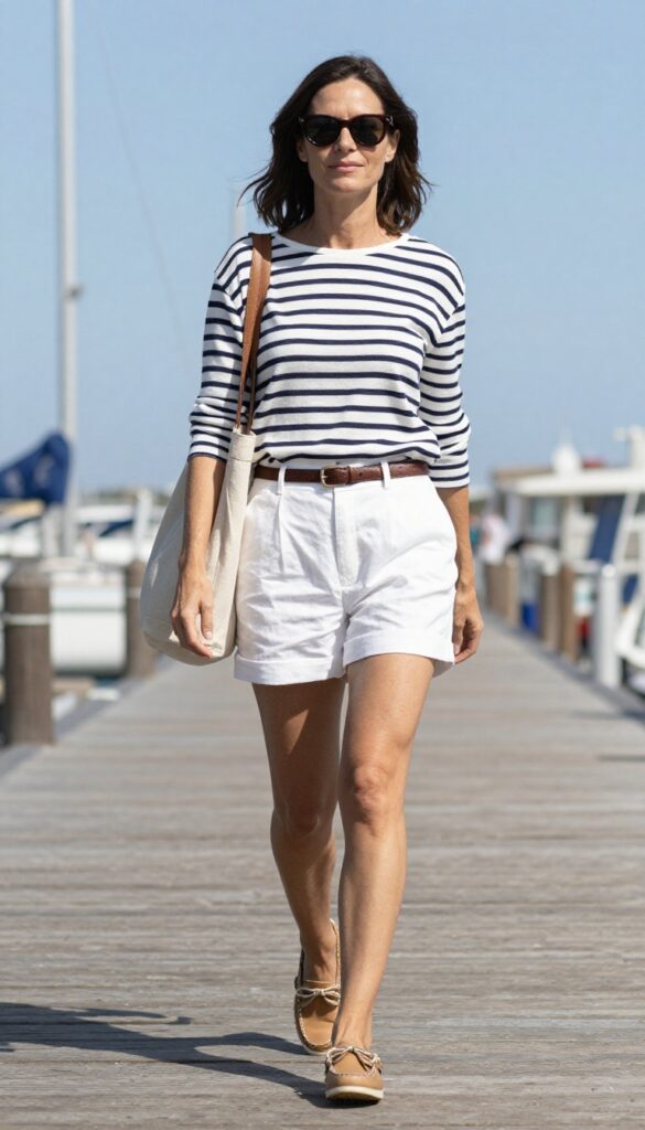 11. Nautical Striped Top with White Shorts and Boat Shoes